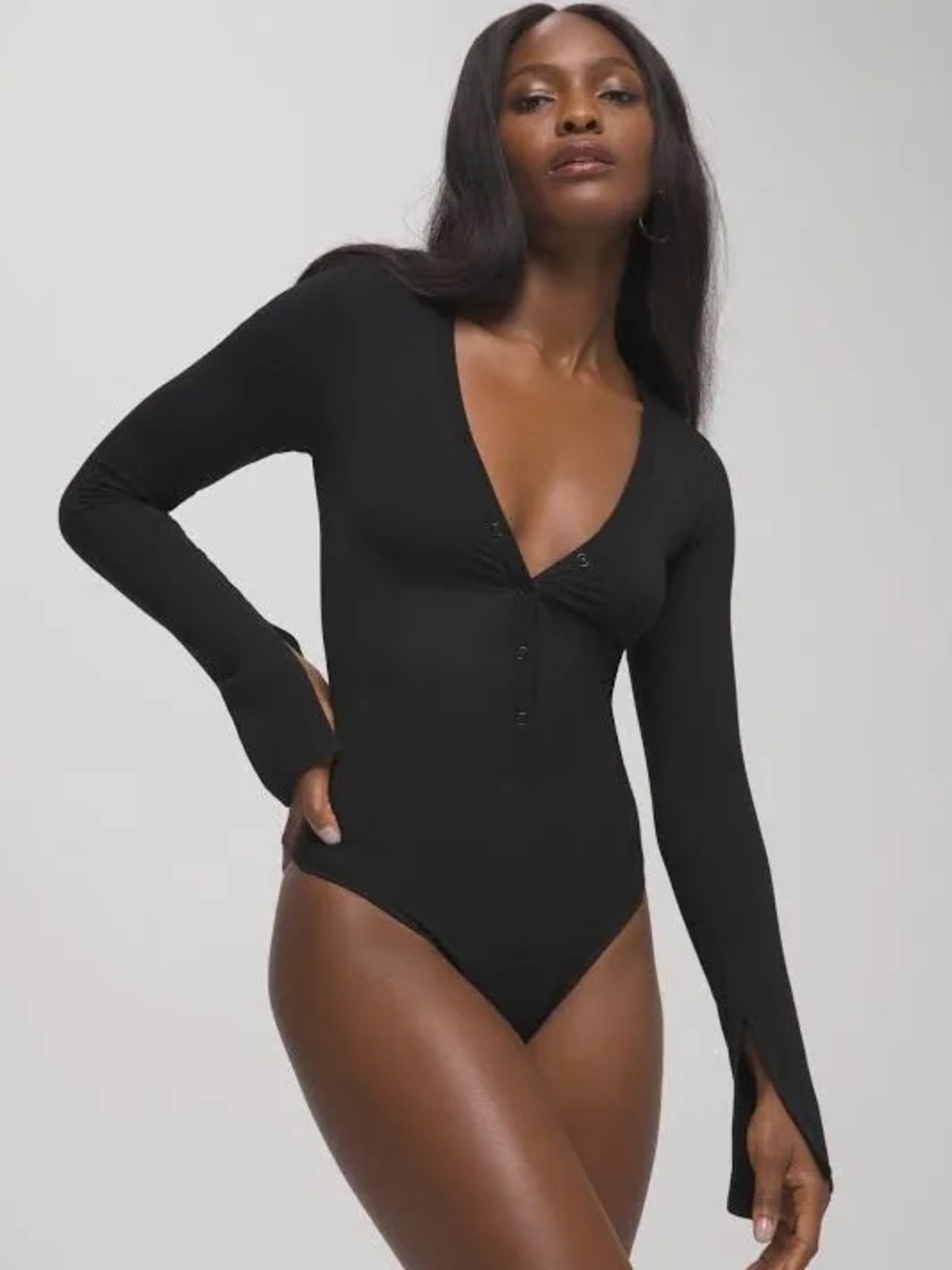 Good American • Deep V Henley thong bodysuit
